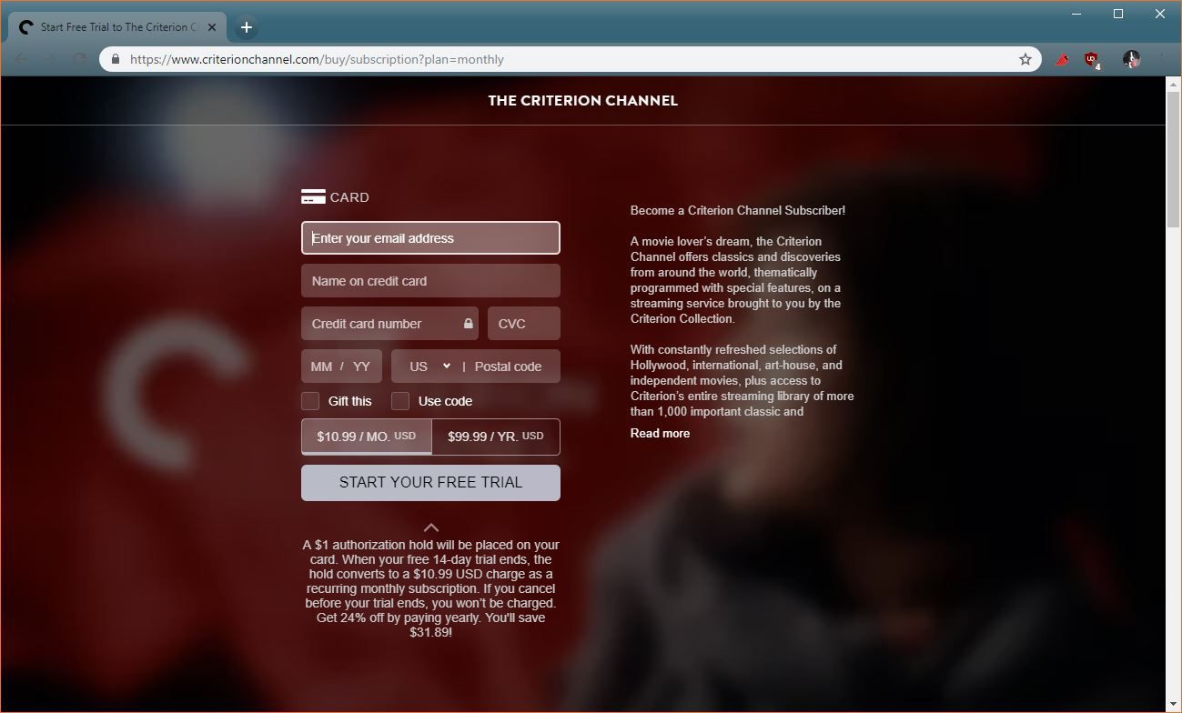 Скриншот процесса регистрации на канале Criterion.