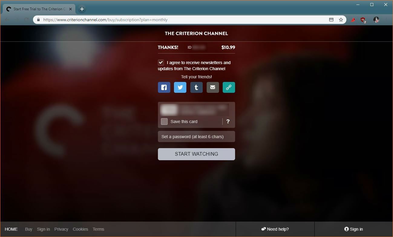 Снимок экрана со страницей оплаты канала Criterion.