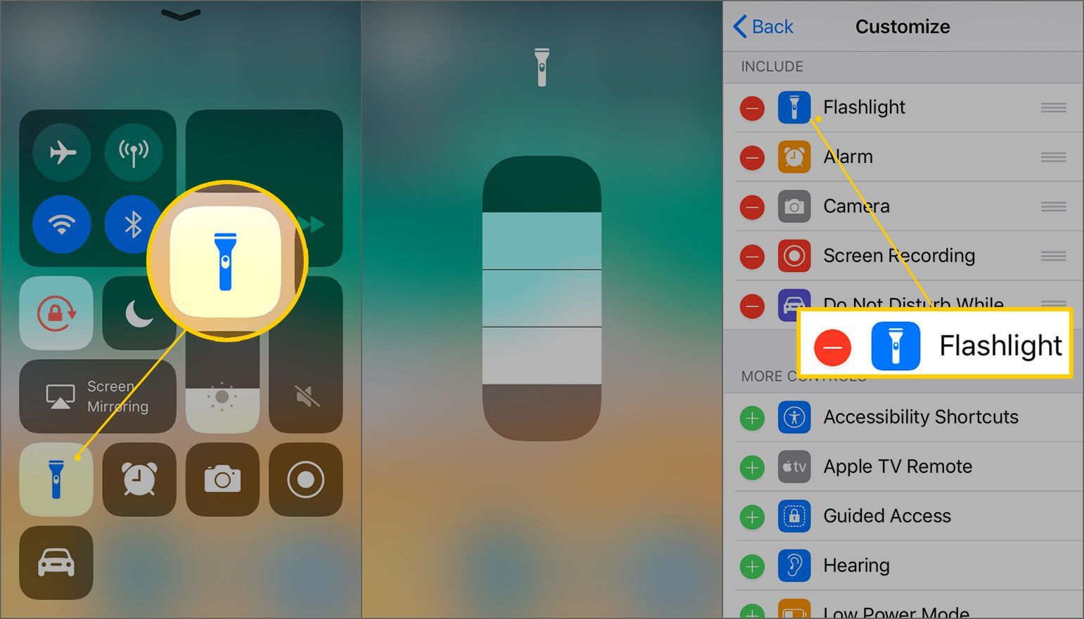 Значок фонарика в Центре управления iOS, переключатель яркости и экран настройки