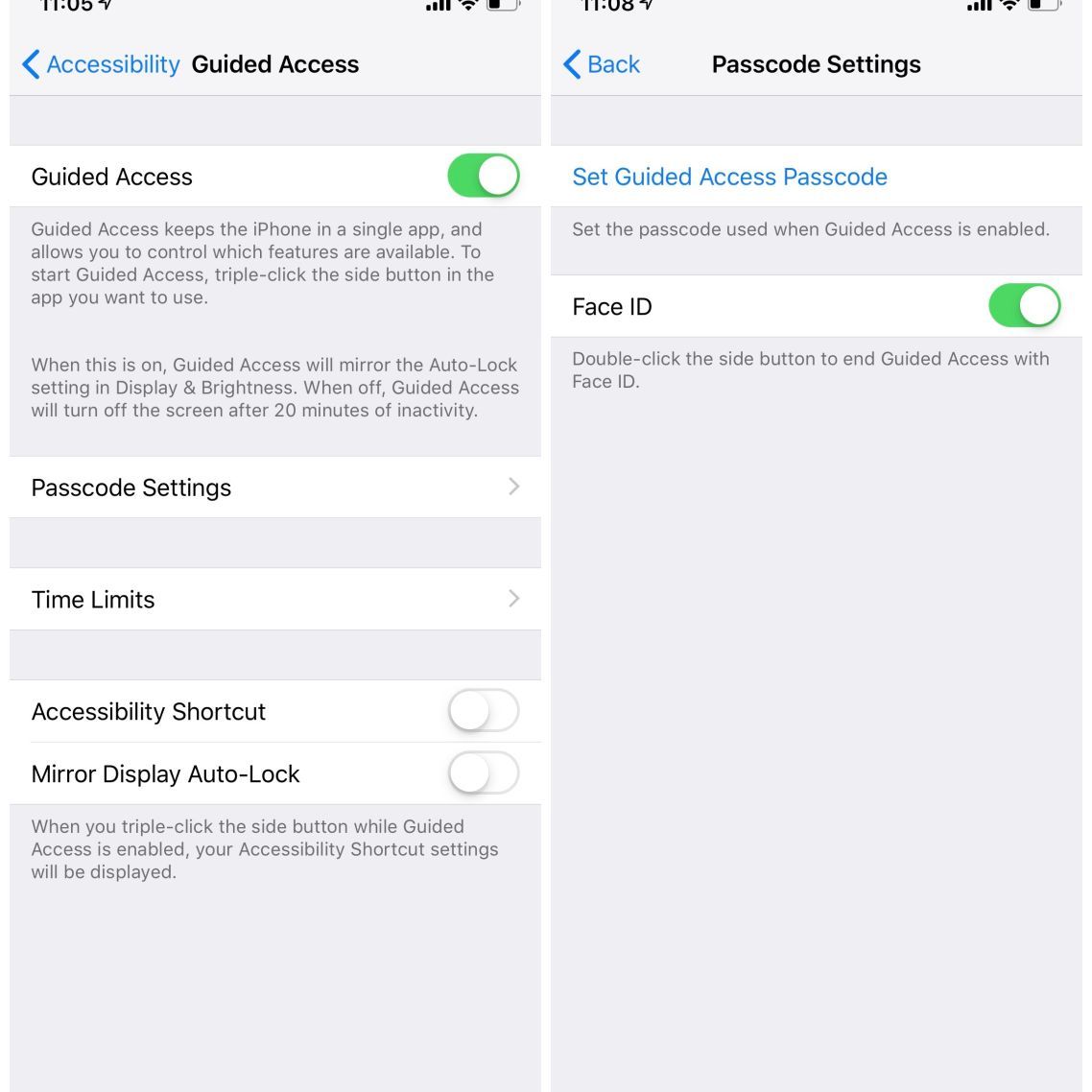 IPhone's Guided Access screen set up process.