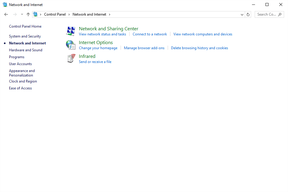 Экран сети и Интернета в панели управления Windows 10