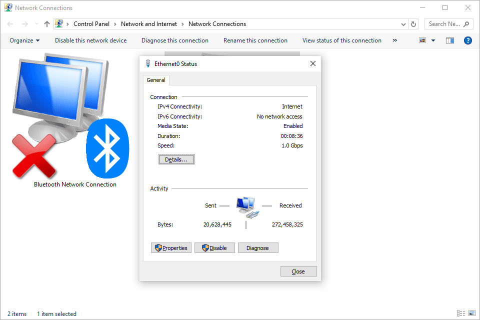 Окно состояния Ethernet0 в Windows 10
