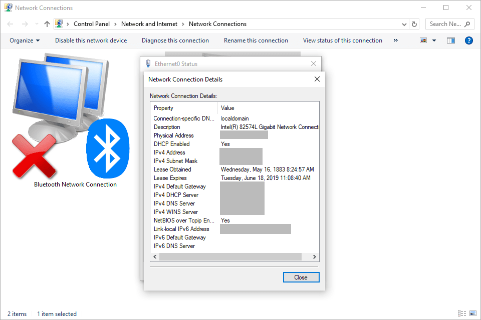 Экран сведений о сетевом подключении в Windows 10