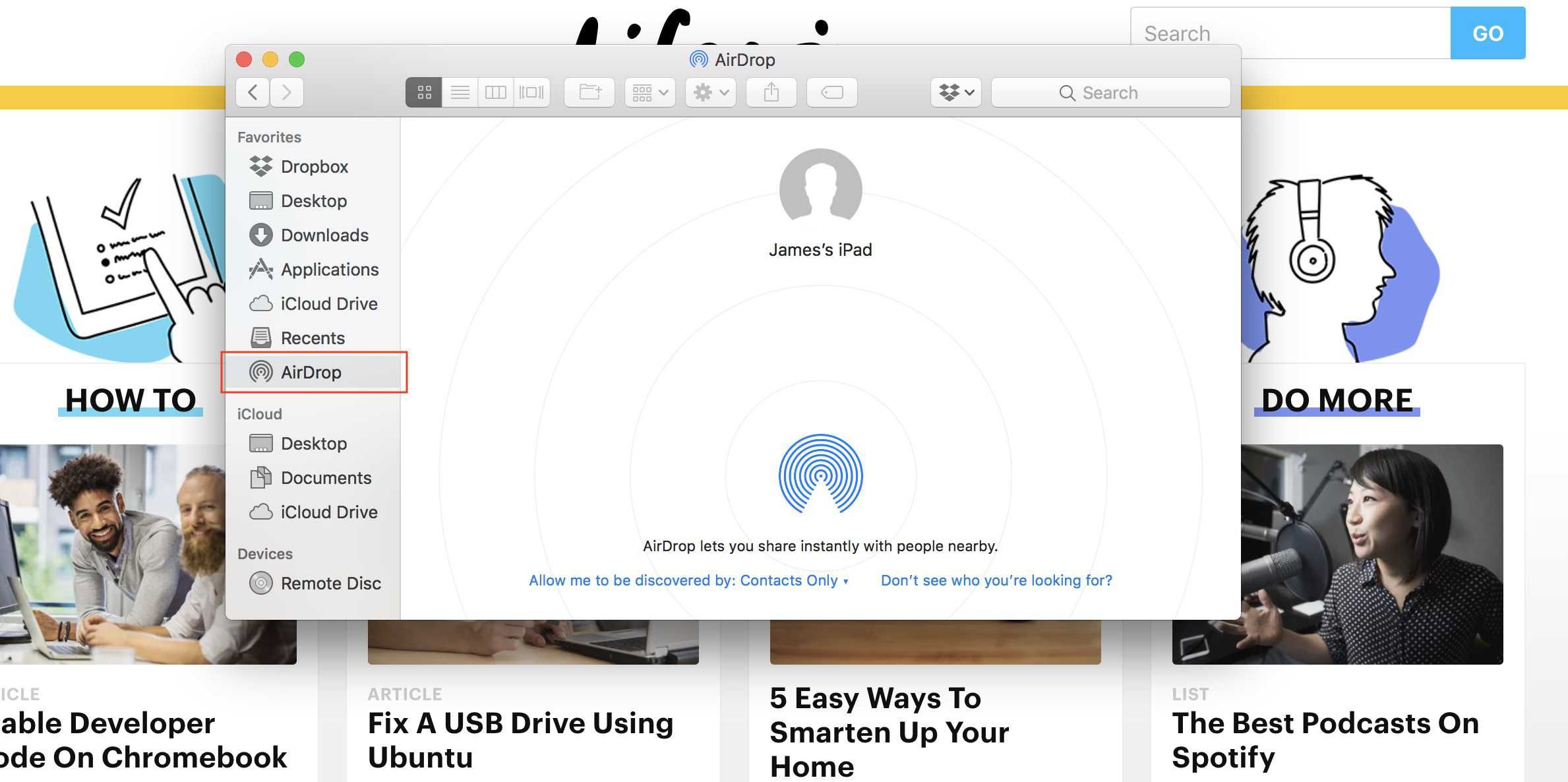 Скриншот опции Airdrop на ноутбуке Mac.