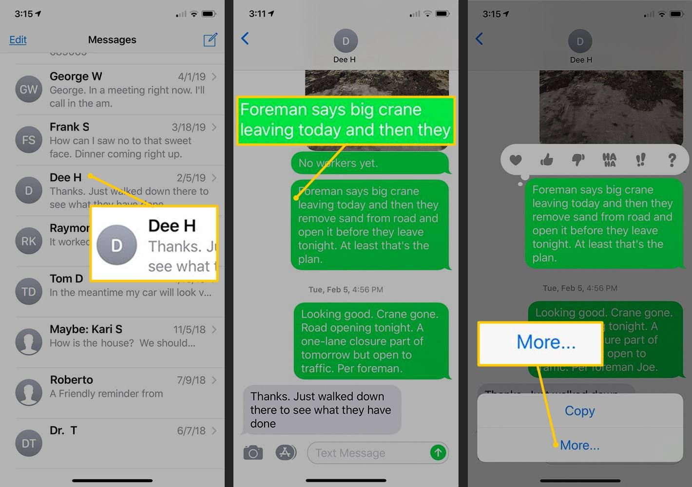 iMessage, текст сообщения, кнопка «Больше» на iOS
