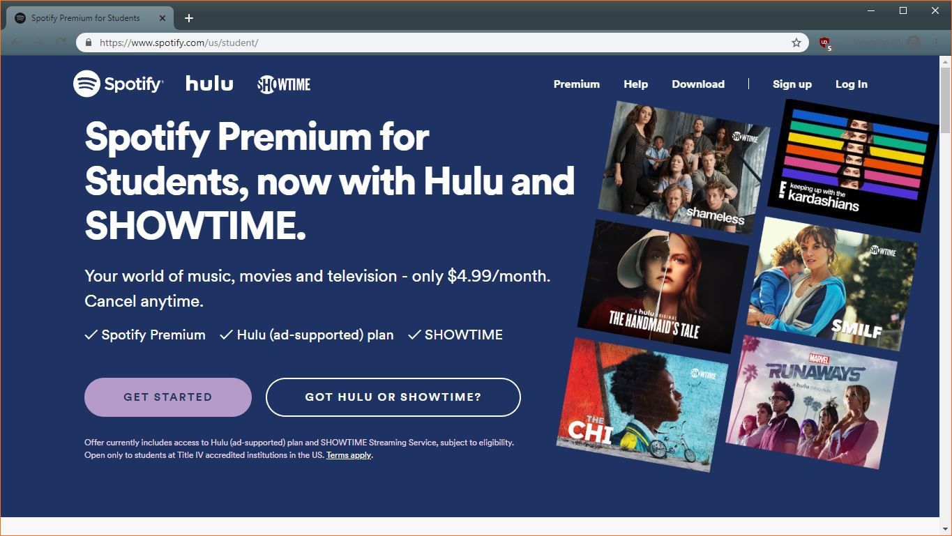 Скриншот скидки для студентов Spotify и Hulu.