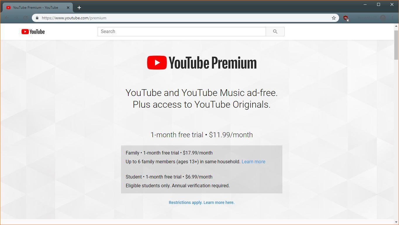 Скриншот скидки студента YouTube Premium.