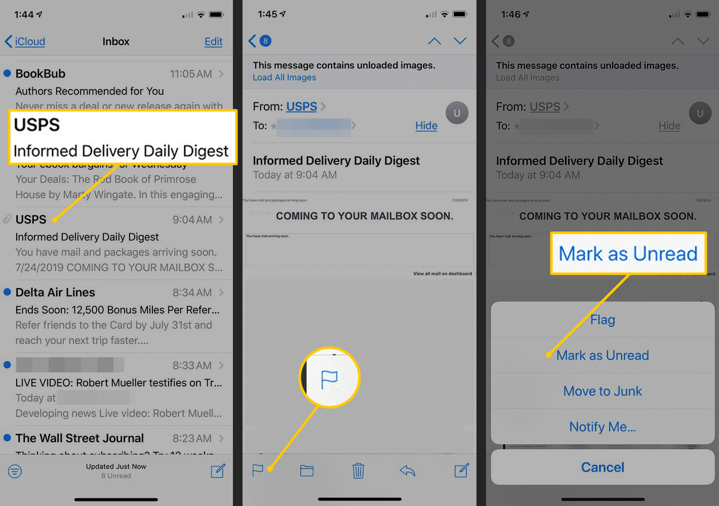 Электронная почта, кнопка Пометить, Пометить как непрочитанные в приложении Почта iOS