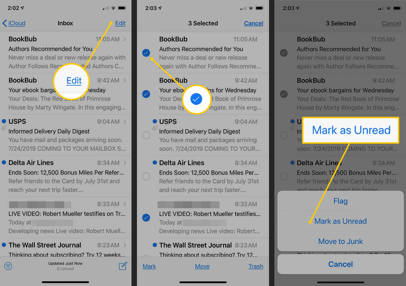 Кнопка Изменить, флажок, Пометить как непрочитанные в Почте iOS