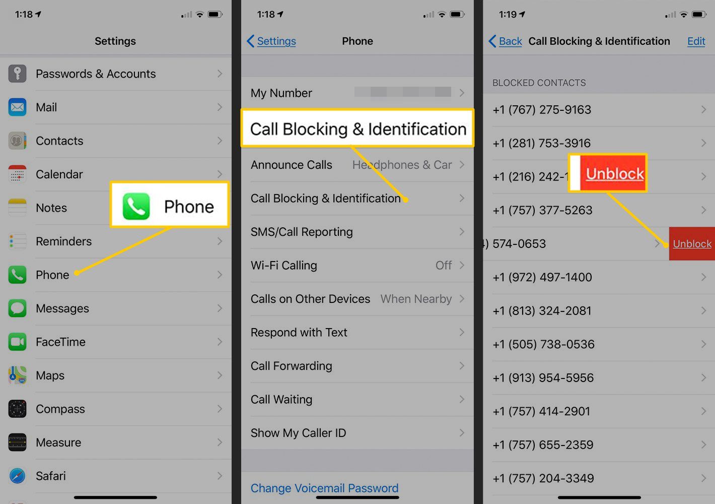 Телефон, блокировка звонков и идентификация, кнопки разблокировки в настройках iOS