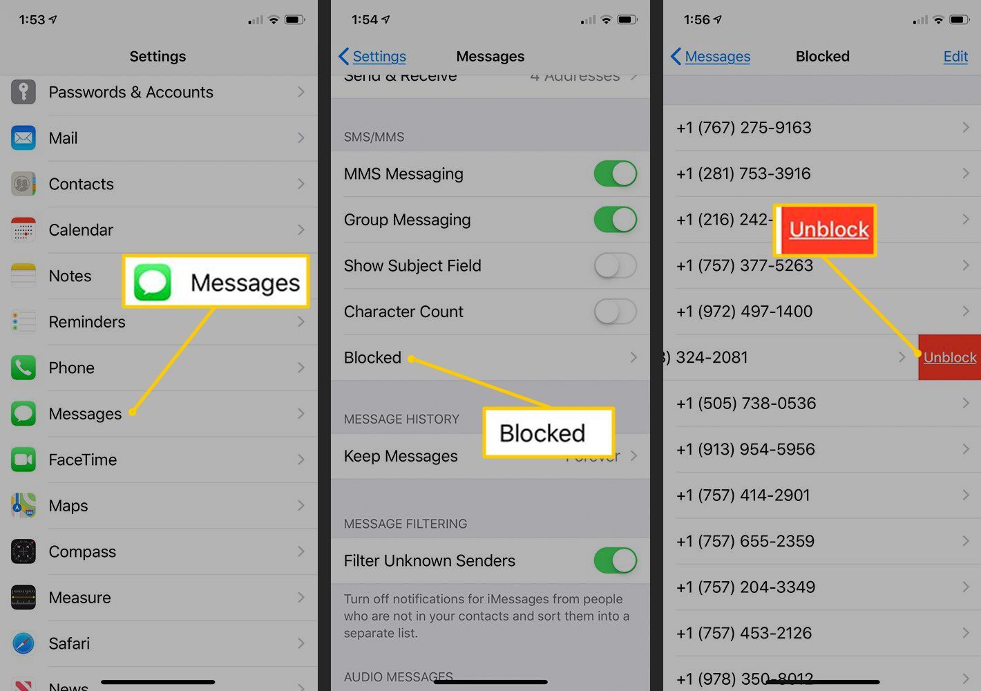 Кнопки сообщений, заблокированных, разблокировки в настройках iOS