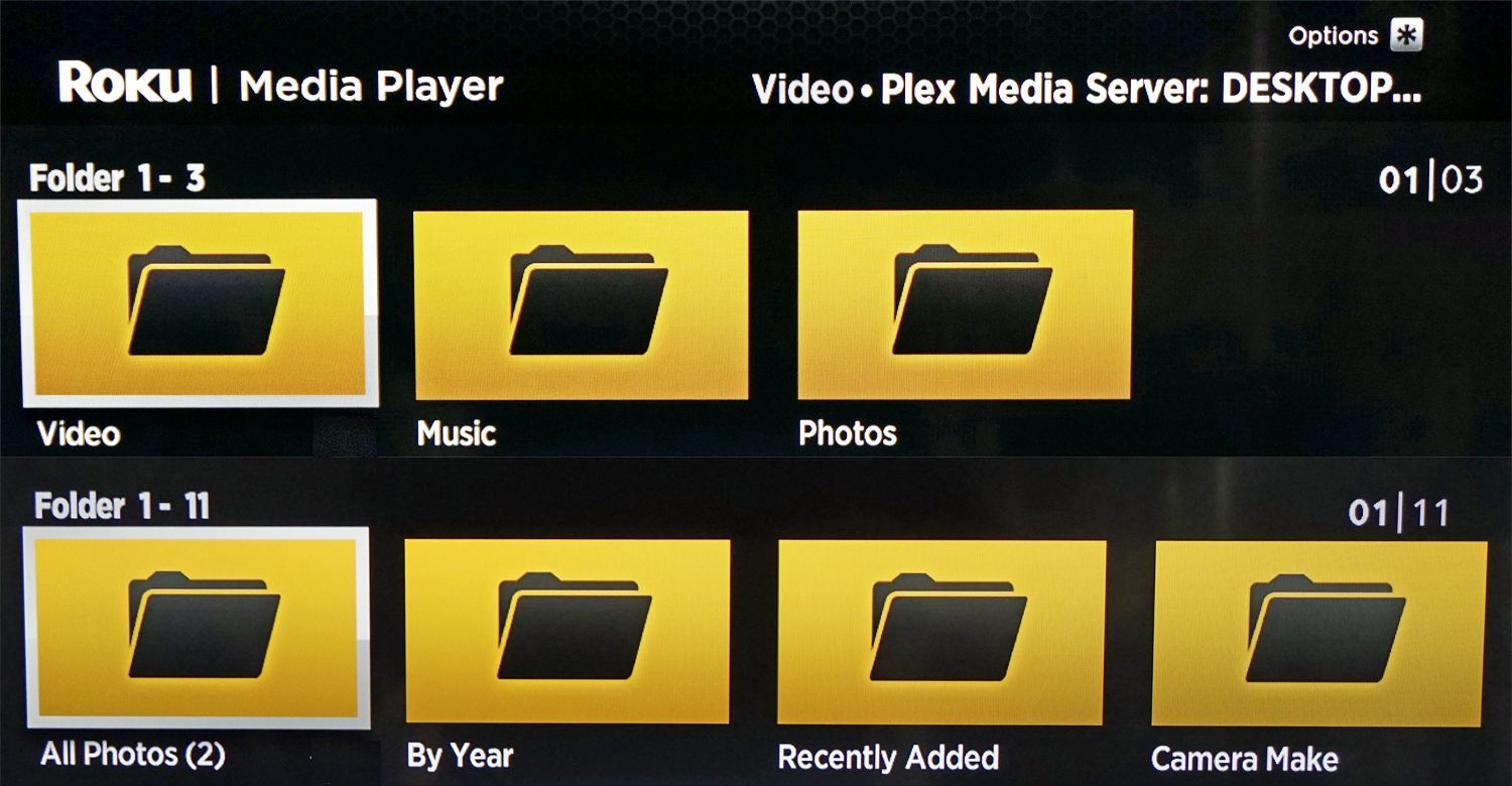 Папки медиасервера, отображаемые в приложении Roku Media Player