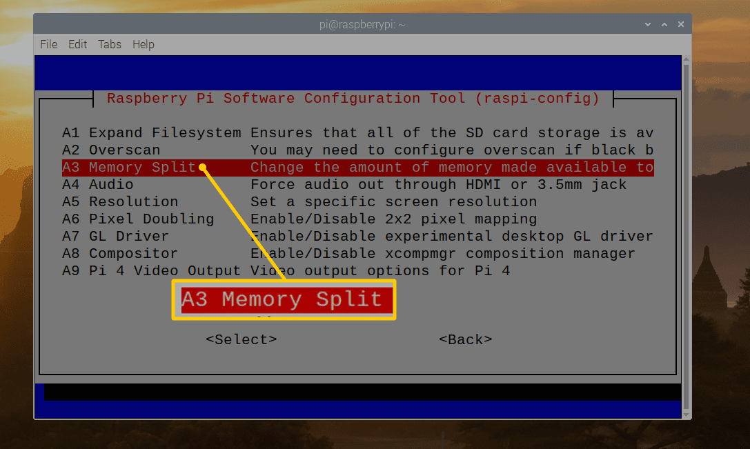 Опция Memory Split в инструменте настройки Raspberry Pi