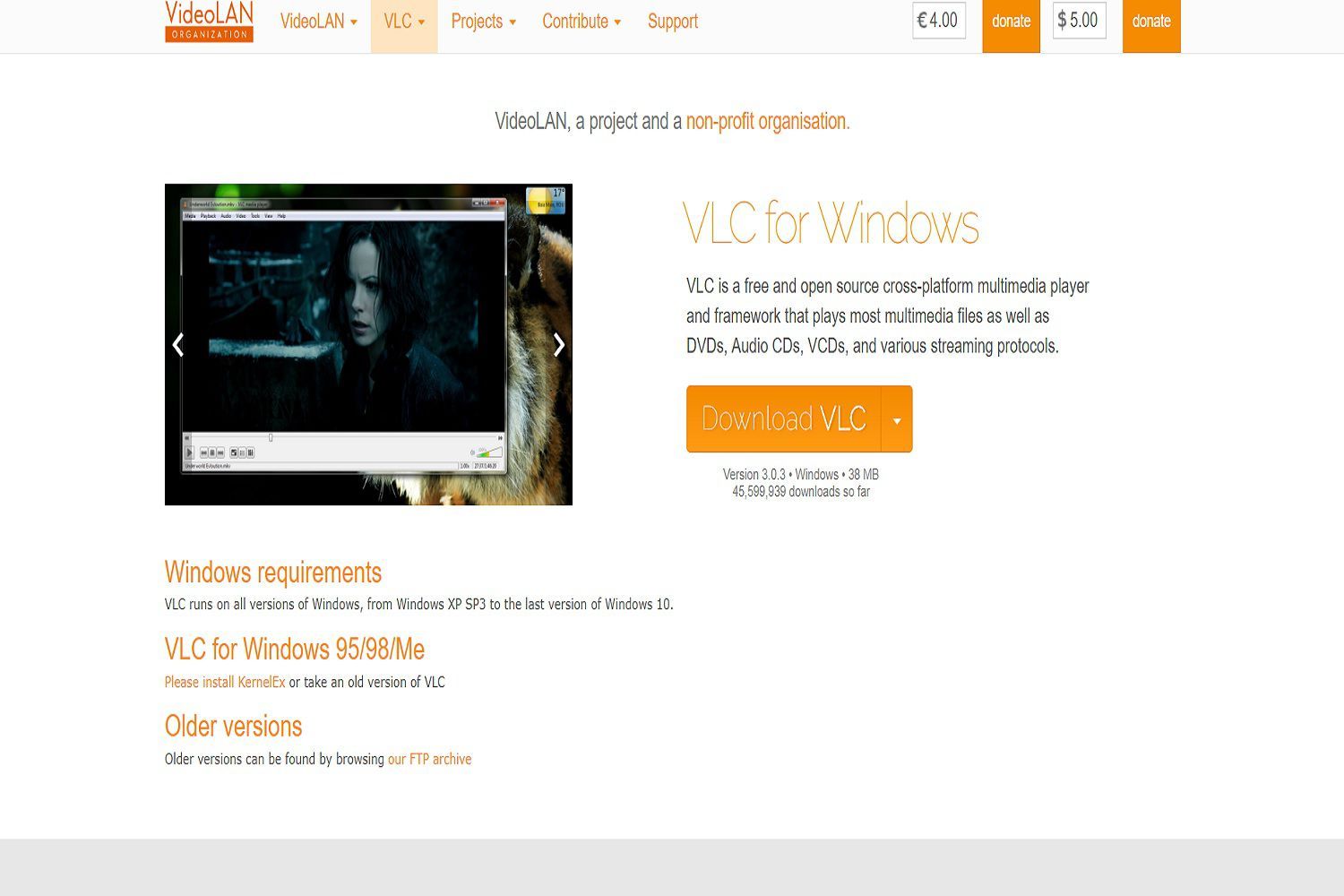 Скриншот веб-страницы VLC для Windows. Здесь вы можете скачать DVD-плеер VLC бесплатно.