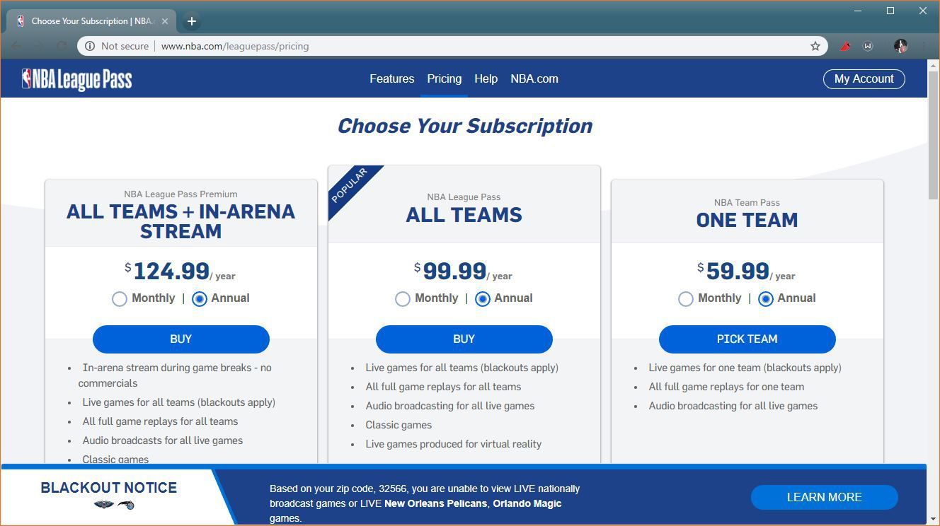 Снимок экрана с вариантами подписки NBA League Pass.