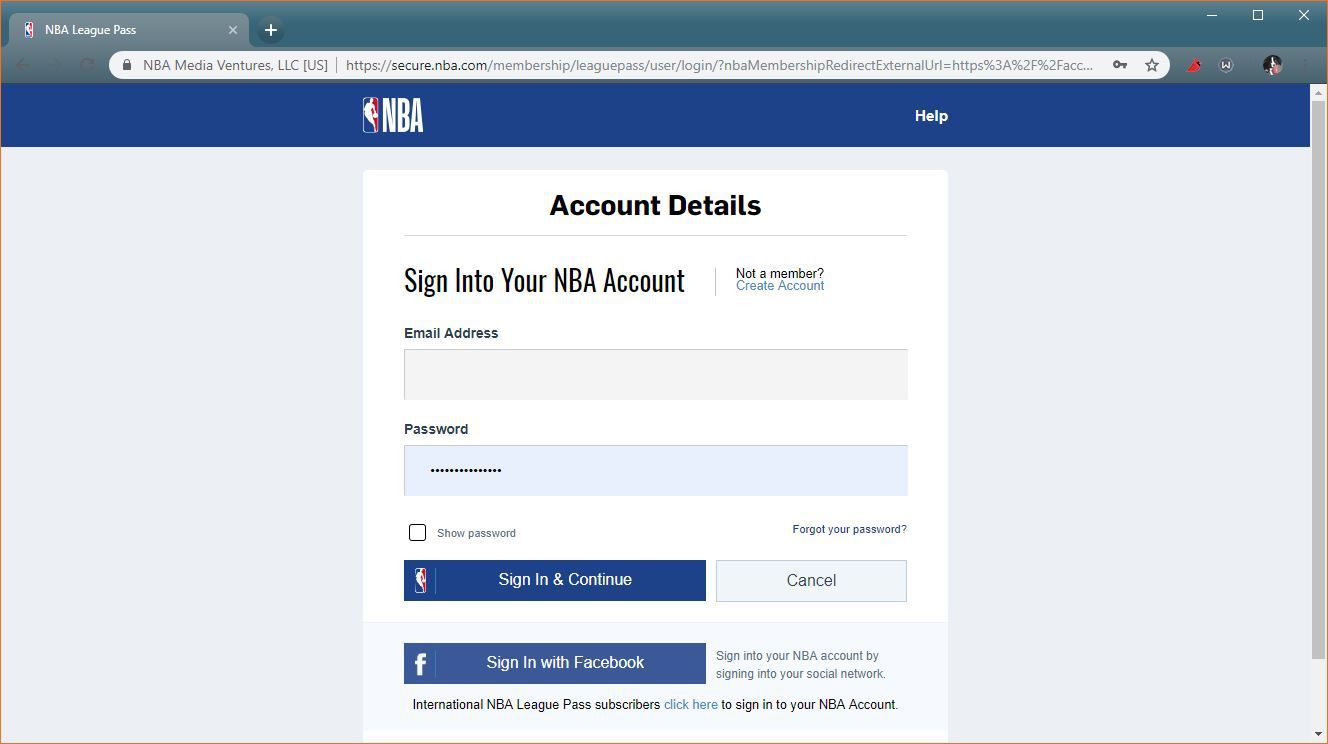 Скриншот экрана входа в NBA League Pass.