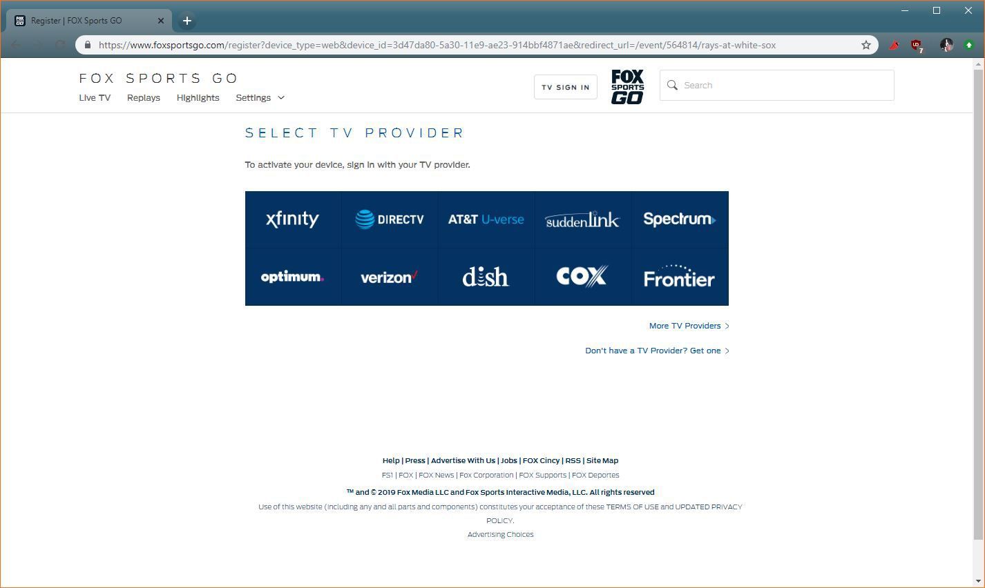 Скриншот сайта выбора провайдера FOX Sports GO TV.