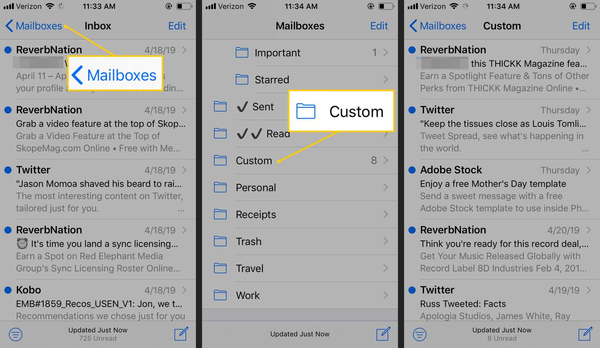 Почтовые ящики, Custom, экран почтовых ящиков на iOS