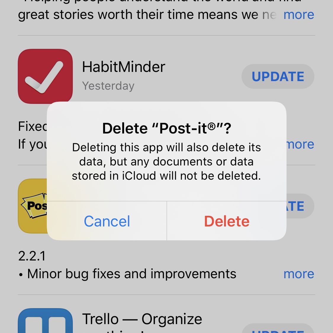 Снимок экрана с подтверждением удаления приложений в приложении App Store для iOS 13