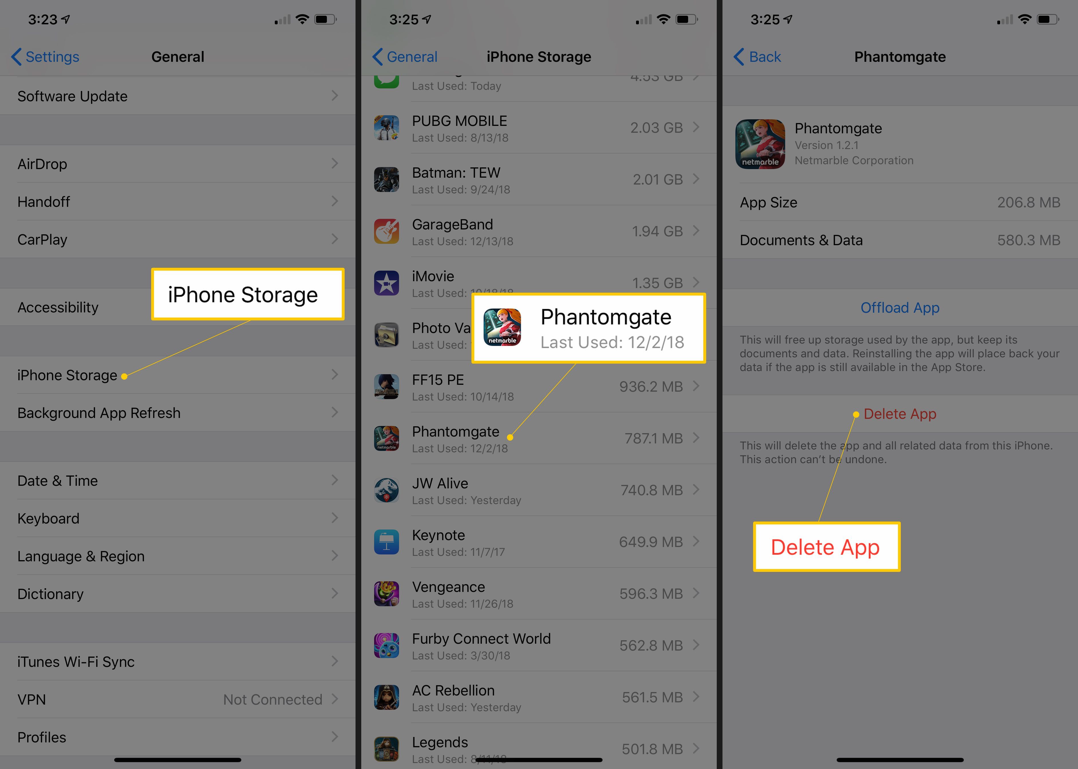 Три экрана iOS с кнопкой «Хранение iPhone» в общих настройках, приложением для удаления и кнопкой «Удалить приложение»