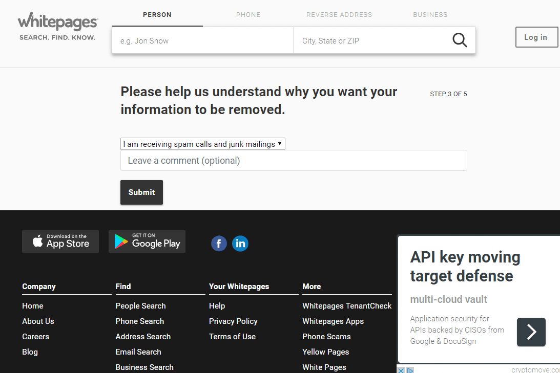 Экран Whitepages для выбора причины удаления вашей информации