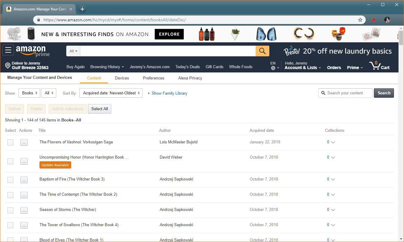 Скриншот страницы управления контентом Amazon.