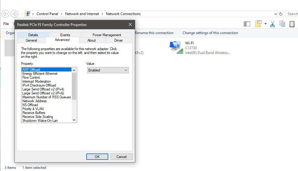 снимок экрана свойств сетевого адаптера в Windows 10