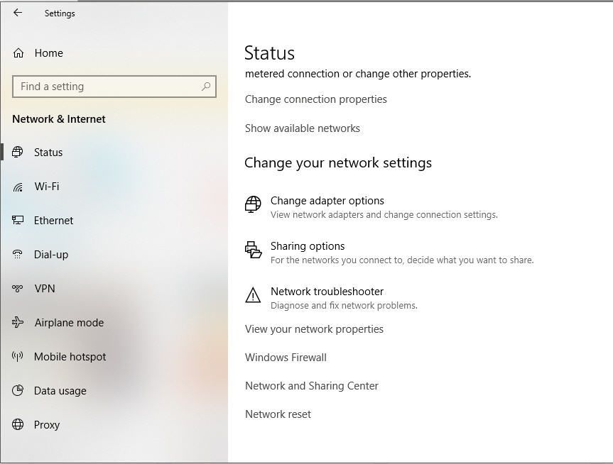 Снимок экрана настроек сети и состояния Интернета в Windows 10