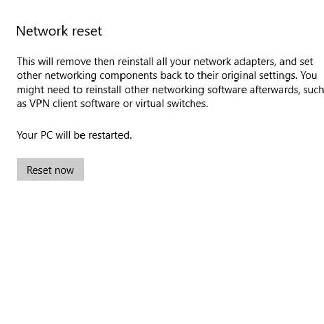 снимок экрана интерфейса сброса сети в Windows 10