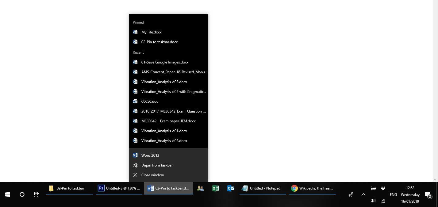 Снимок экрана со списком переходов для программы, закрепленной на панели задач Windows, с отображением закрепленных файлов и последних файлов