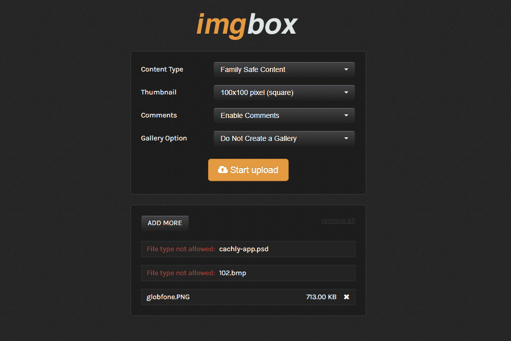 Снимок экрана с изображением imgbox, запрещающим загрузку некоторых форматов файлов