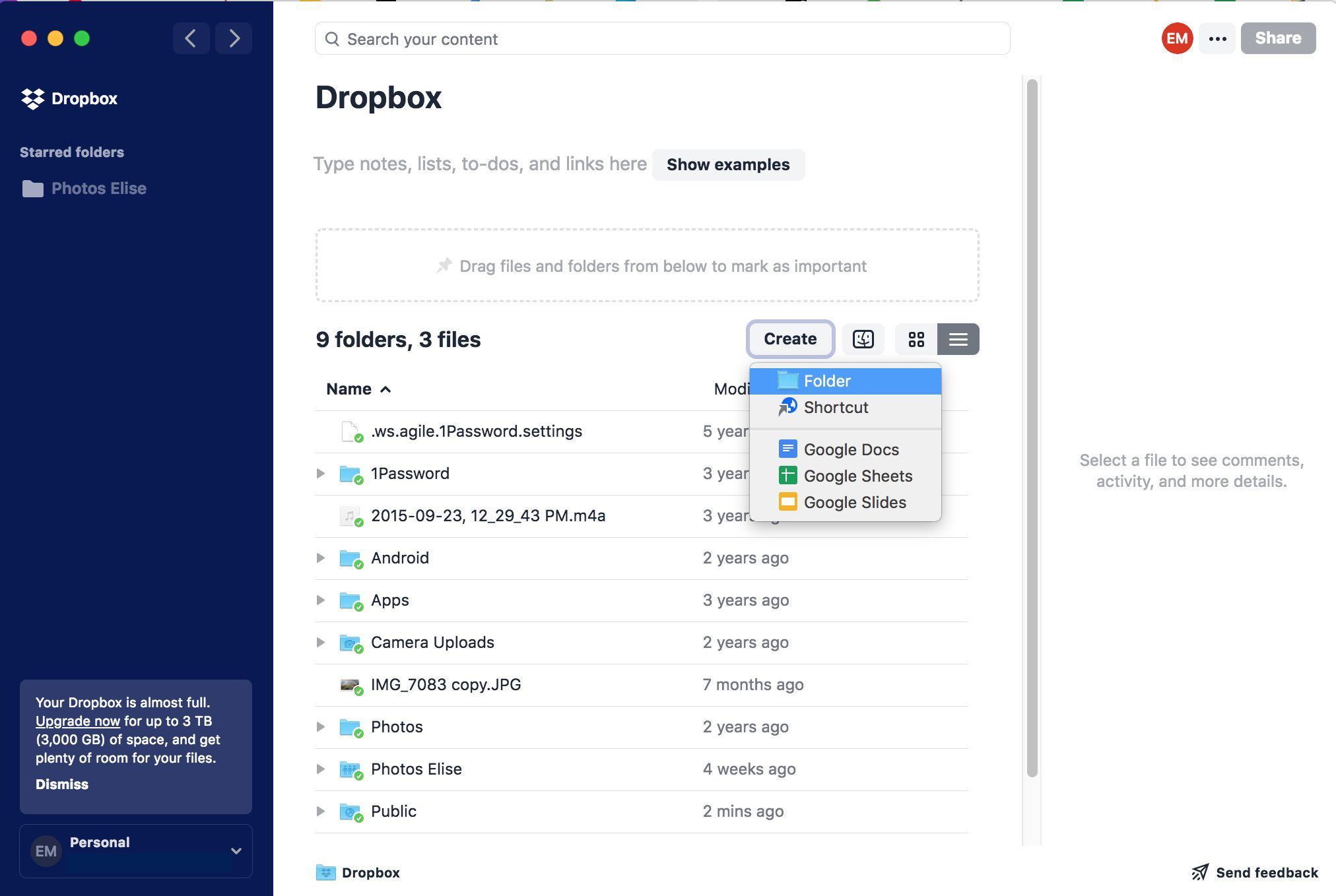 Скриншот Dropbox для MacOS.