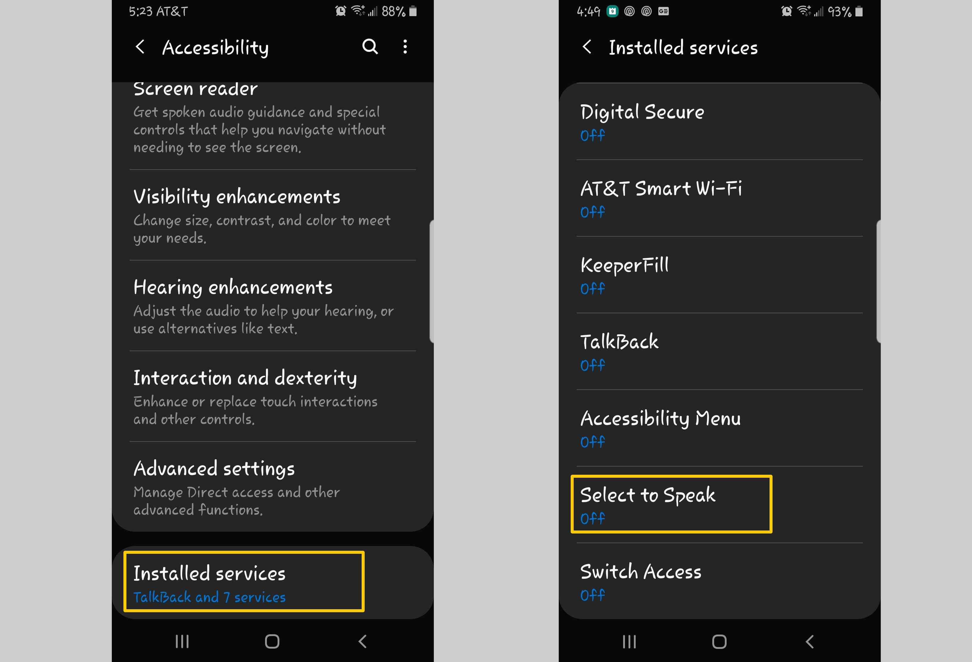 Снимки экрана, показывающие, как добраться до опции «Выбрать, чтобы говорить» на Android.