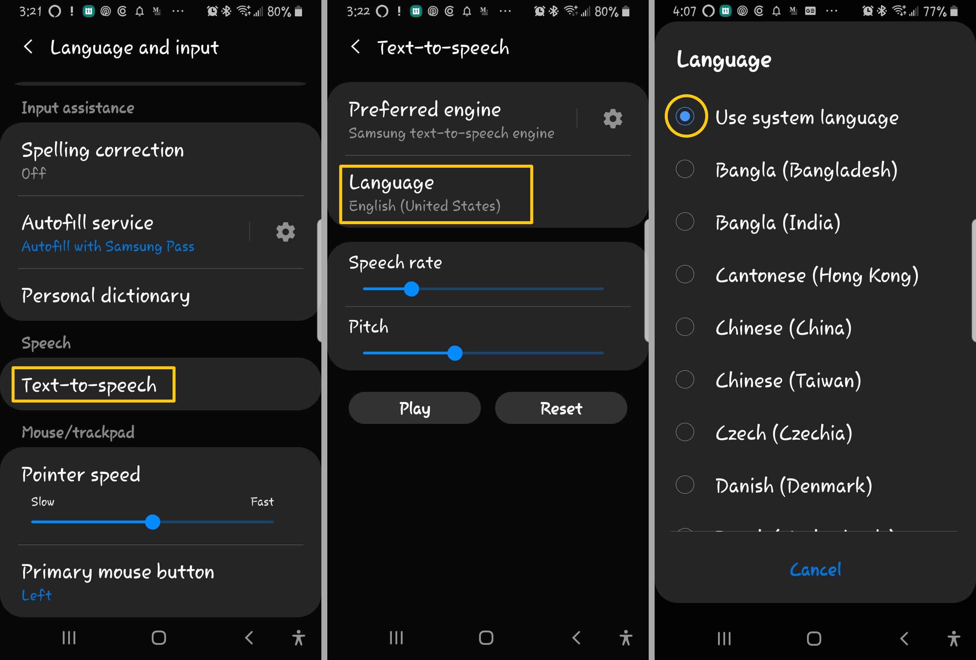 Снимки экрана, показывающие, как настроить параметры Android для преобразования текста в речь.