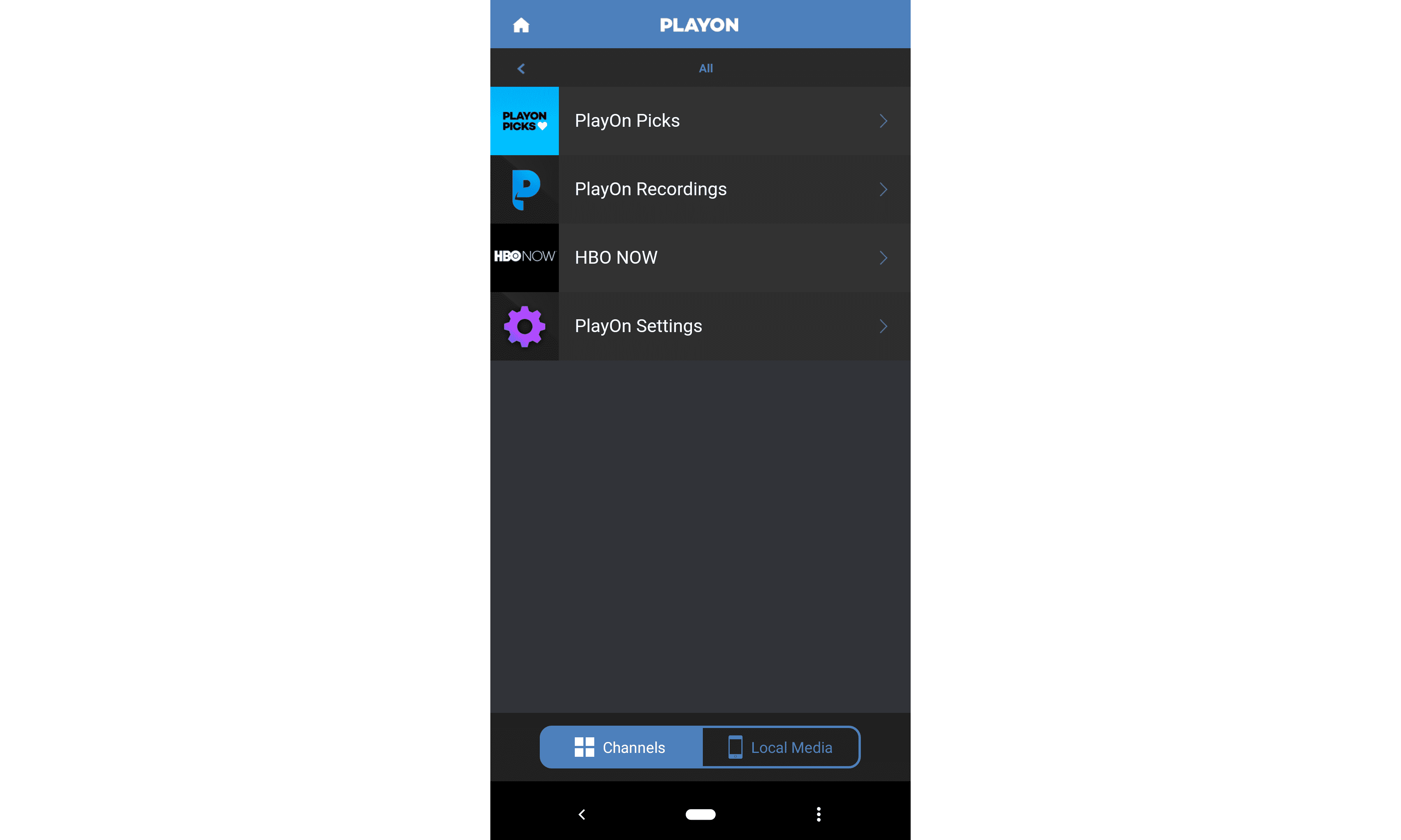 Скриншот каналов PlayOn на мобильном телефоне.