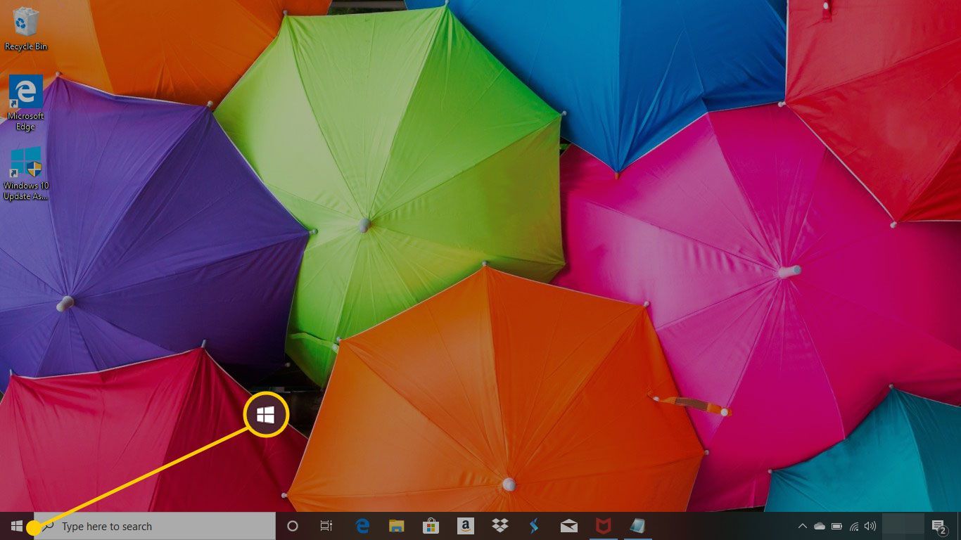 Рабочий стол Windows 10 с выделенным меню «Пуск»