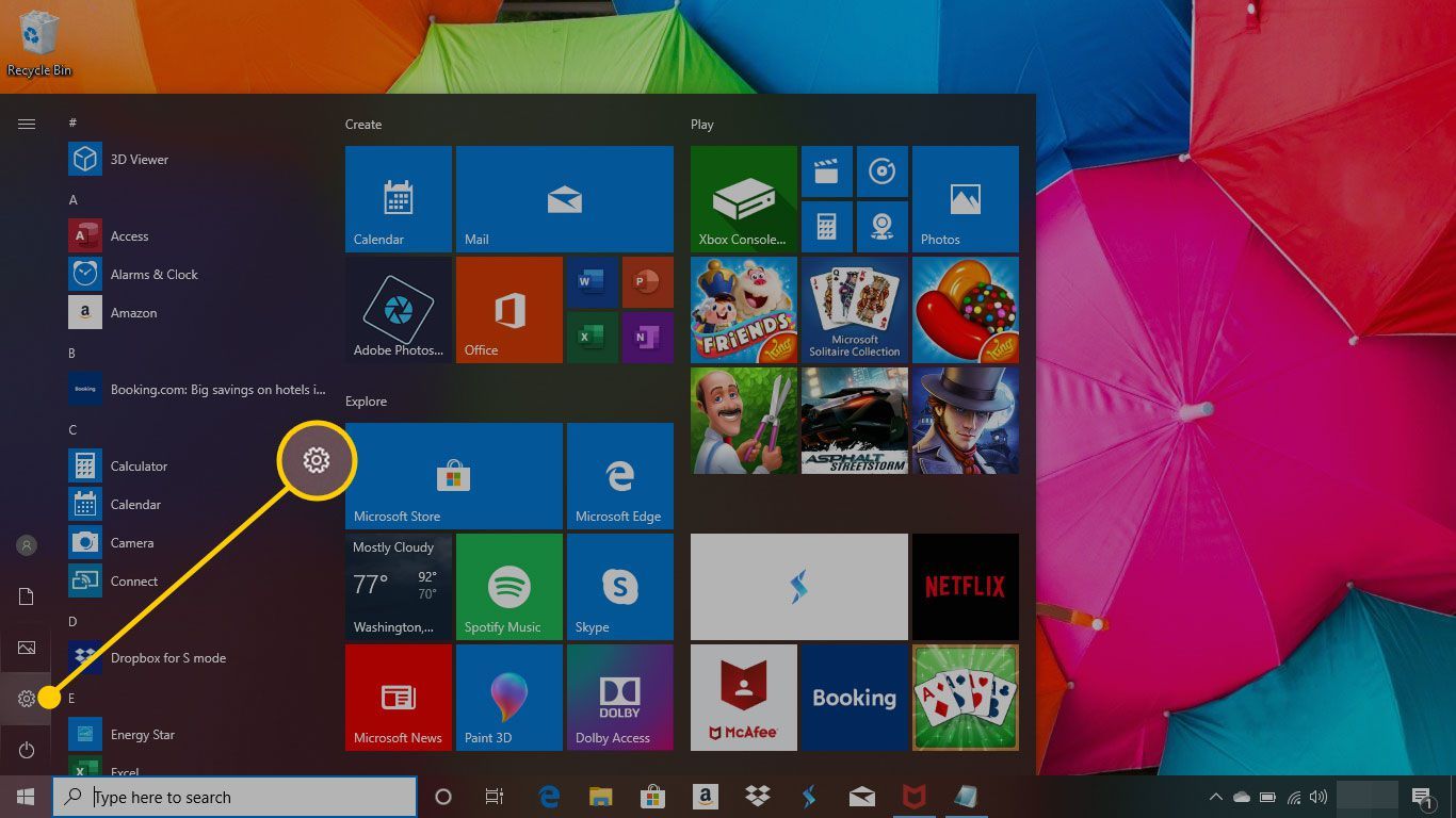 Меню «Пуск» в Windows 10 с выделенной кнопкой «Настройки»