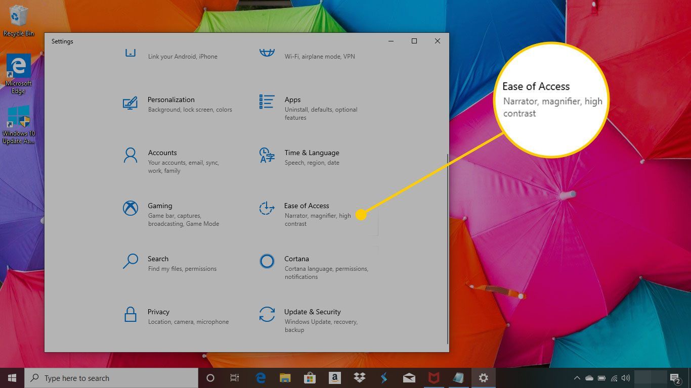 Настройки Windows 10 с выделенным меню Ease of Access