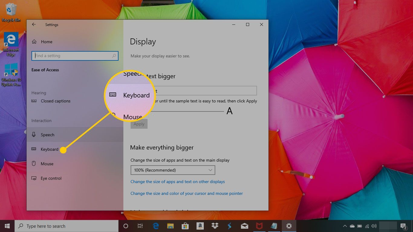 Меню простоты использования в Windows 10 с выделенным меню клавиатуры