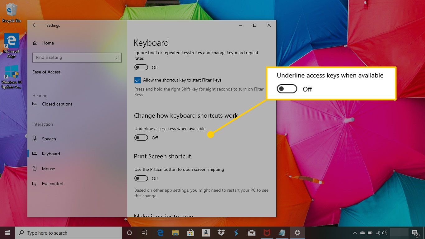 Меню простоты использования клавиатуры в Windows 10 с