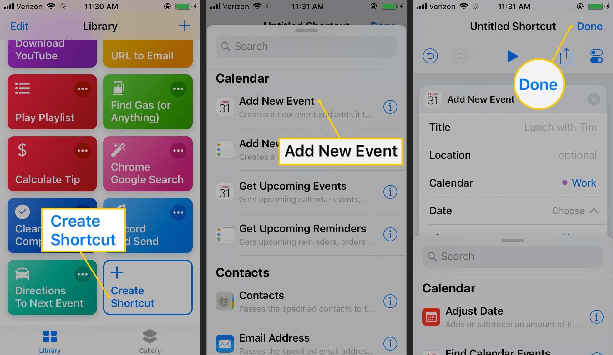 Кнопки Создать ярлык, Добавить новое событие, Готово в приложении Siri Shortcuts на iOS