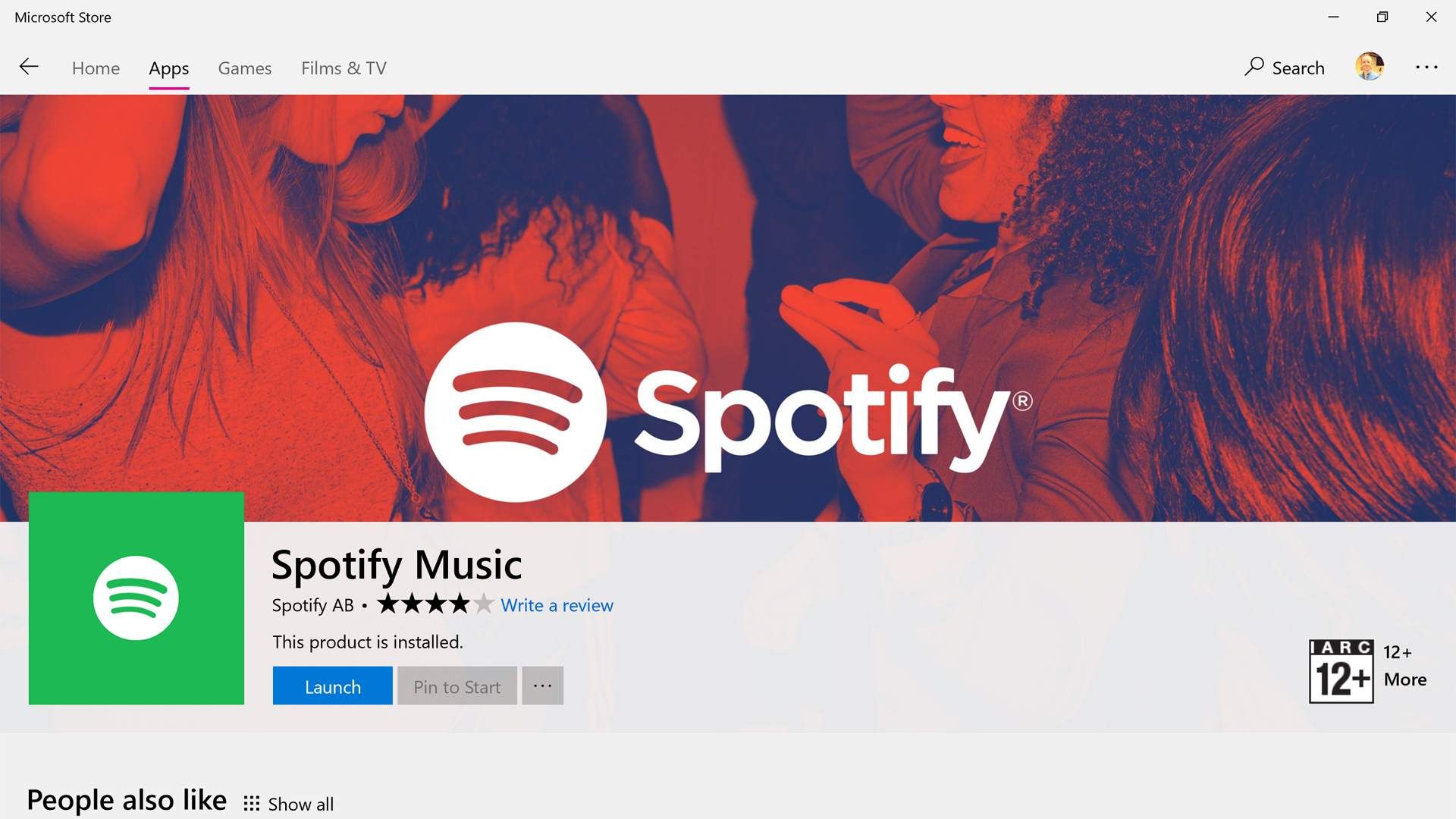 Страница продукта Spotify в магазине приложений Microsoft Store в Windows 10