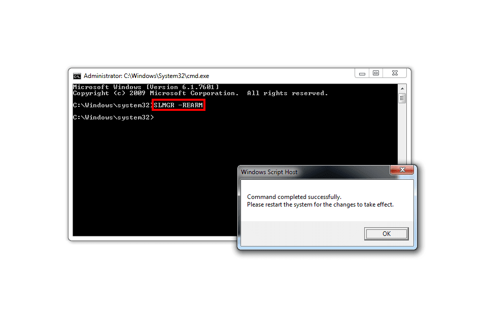 Снимок экрана'slmgr -rearm' command in a Windows 7 Command Prompt