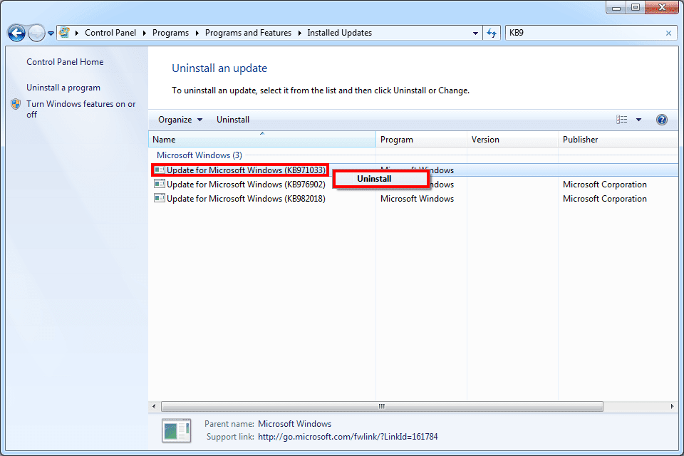 Снимок экрана, показывающий, как удалить KB971033 в Windows 7