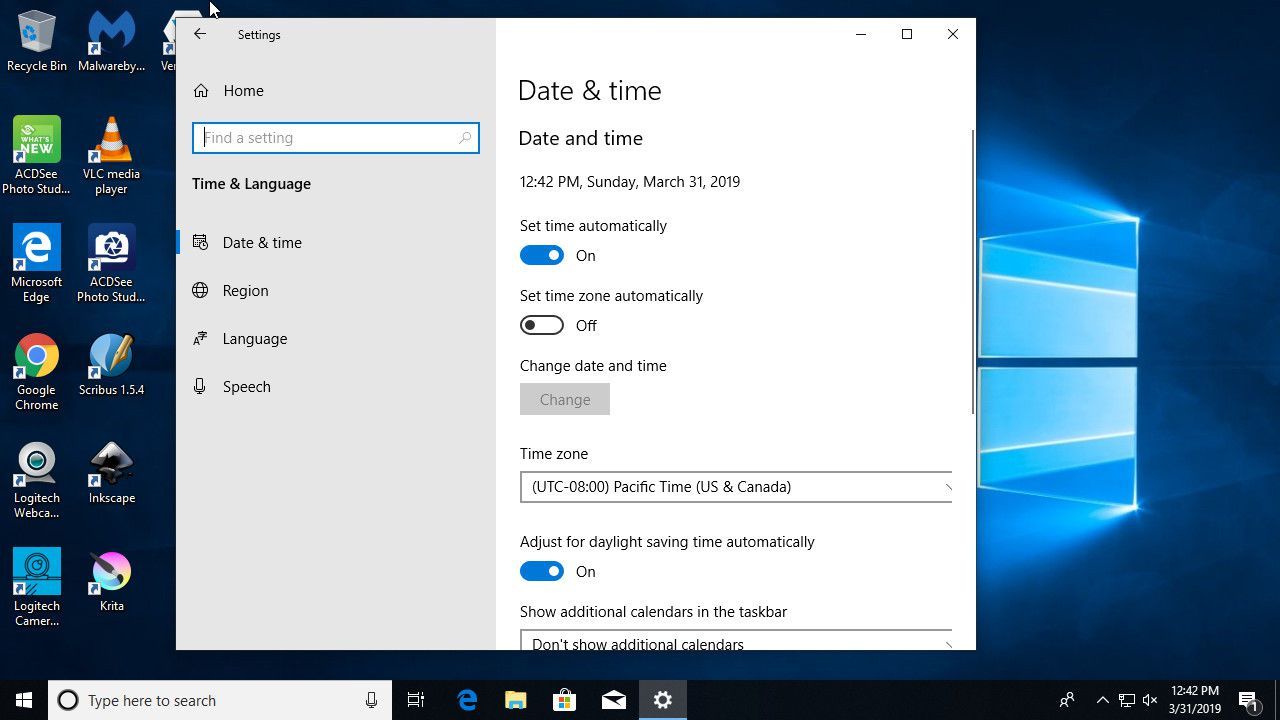 Windows 10 Настройки даты и времени