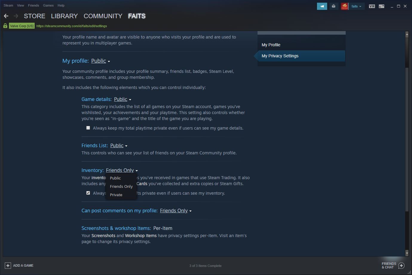 Снимок экрана настроек параметров конфиденциальности Steam.