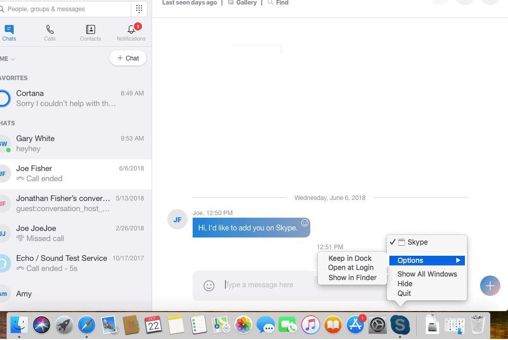 Снимок экрана Open при входе в Skype для Mac