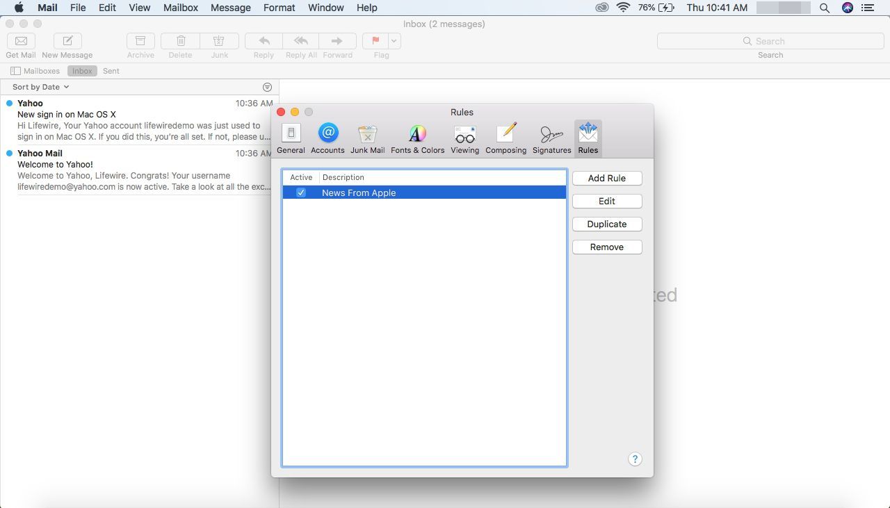Выбор параметров правил в Mail для Mac.