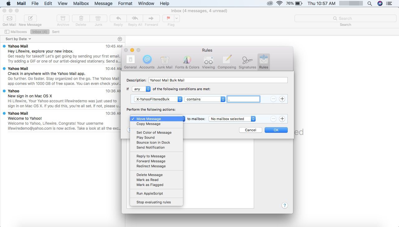 Выбор перемещения сообщения для нового правила в Mail для Mac.