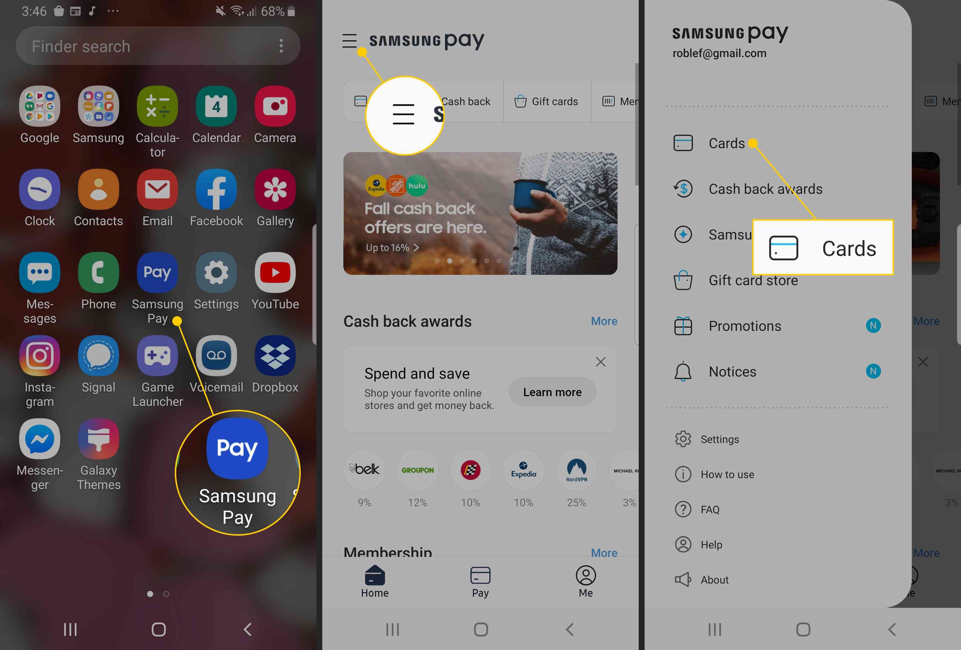 Значок приложения Samsung Pay, трехстрочное меню, кнопка «Карты»